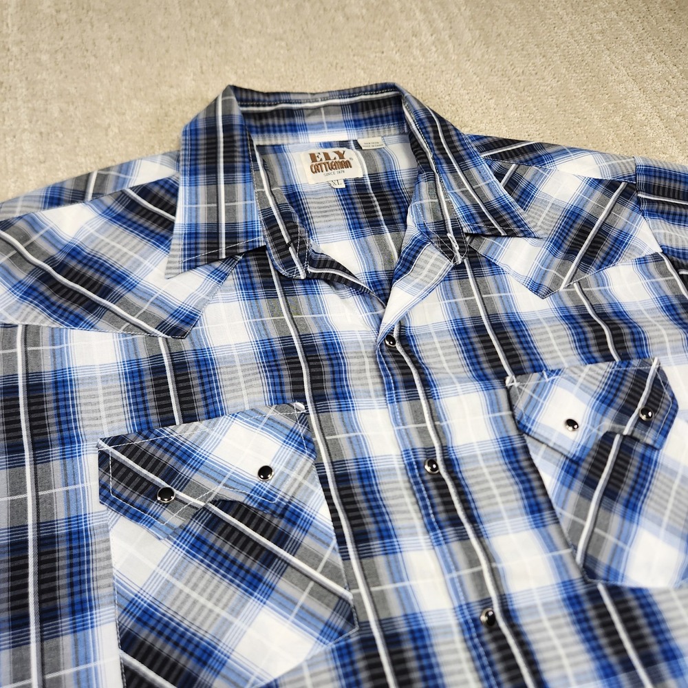Vintage Ely Cattleman Shirt Men XL Pearl Snap Saw Tooth Pocket Blue Plaid Cowboy